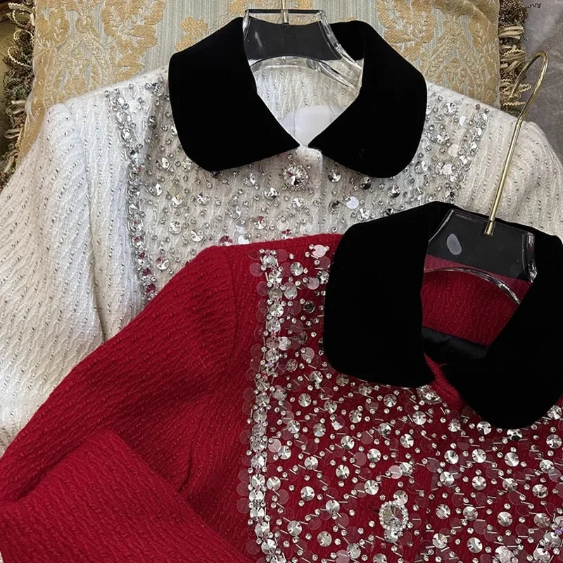Spring Rhinestone Decoration Tweed Jacket for Women Exquisite Elegant Female Sequin Coat Autumn Trendy Commuter Crop Outerwear