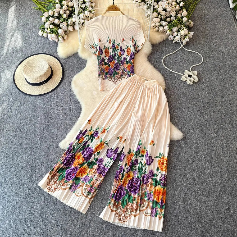 Miyake Flower Summer Pants Two Piece Set Women O Neck Floral Appliques Print Stretch T-Shirt + Pleated Wide Leg Trousers Suits