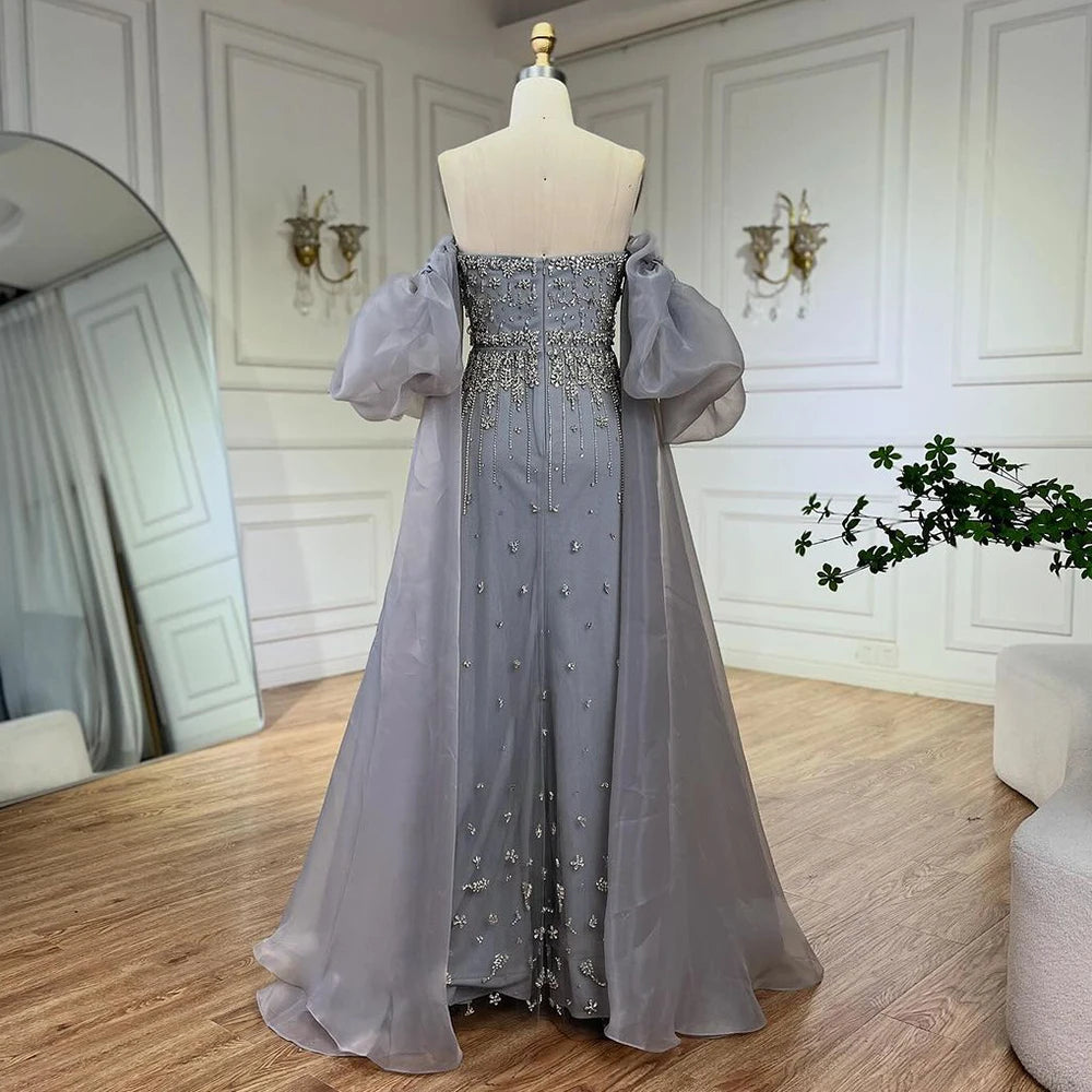 Serene Hill Black Sexy Off the Shoulder Puff Sleeves Evening Dresses Beaded Overskirt Mermaid Party Gown For Women 2023 BLA72002