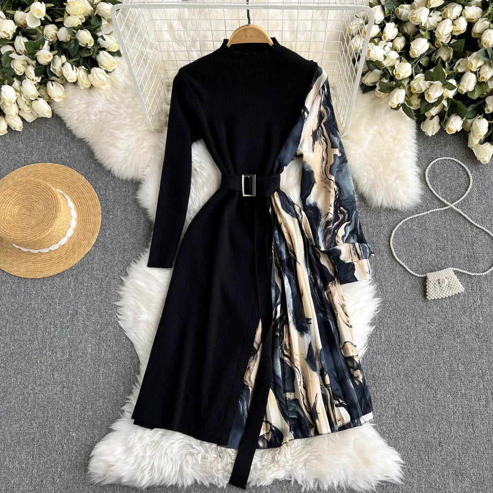 Elegant Chic Print Patchwork Knit Dress French Long Sleeve Party A-line Vestidos High Waist Basic Slim Women Autumn Winter Dress