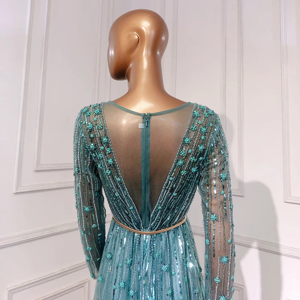 Serene Hill Muslim Gold A-Line Luxury Evening Dresses Gowns 2022 Sparkle Beaded Long Sleeves Sexy For Women Party GLA70674