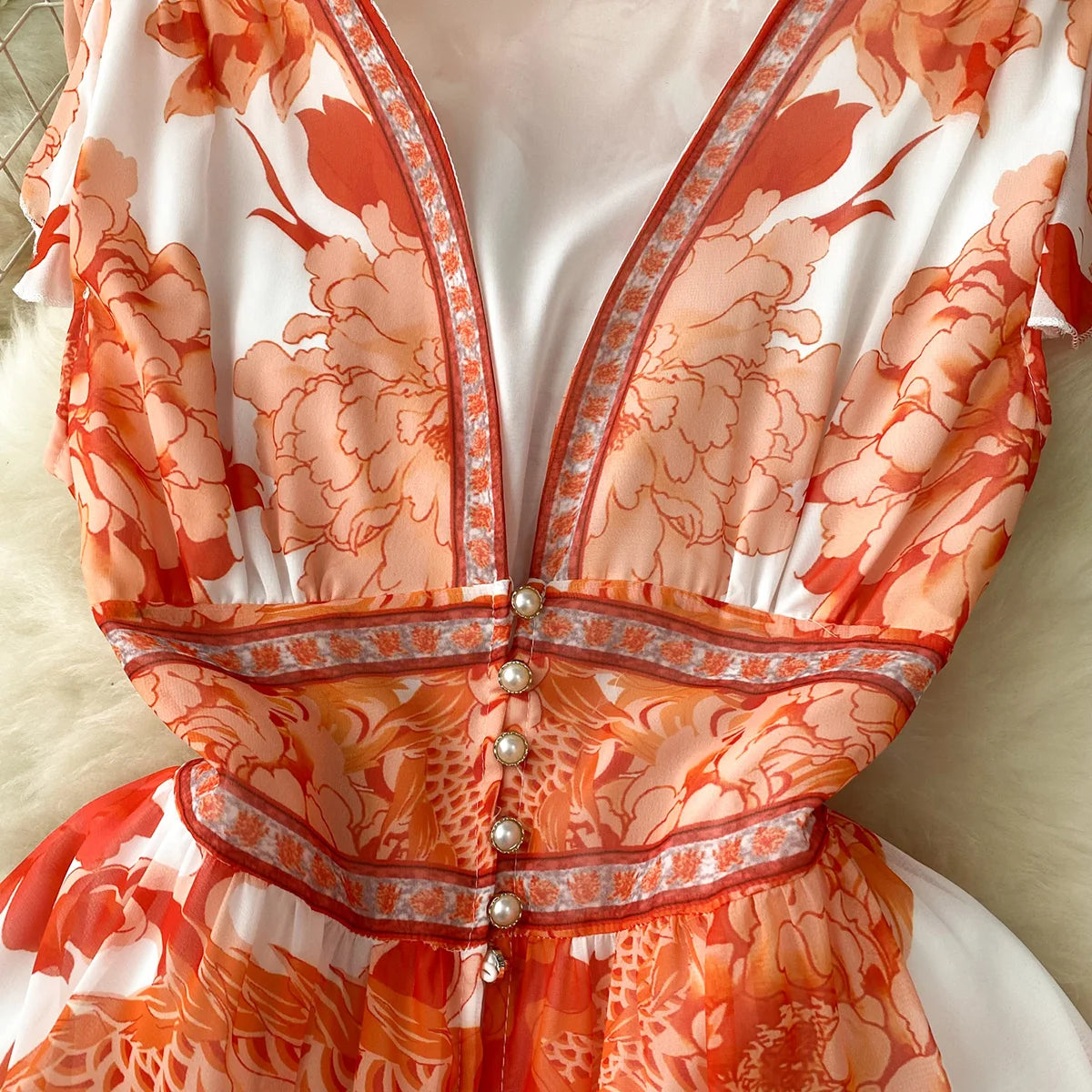 Short Dresses Women Cap Sleeve Vintage Print Chiffon Dress Faux Pearl Buttoned V Neck Ruffle Hem Wedding Elegant Party Dress