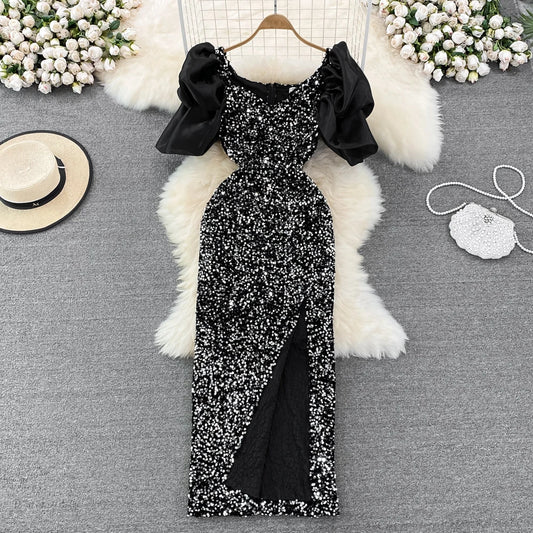 Elegant Square Collar Slim Sequin Women Dresses Luxury High Waist Long Banquet Dress Sexy High Slit Temperament Celebrity Gowns