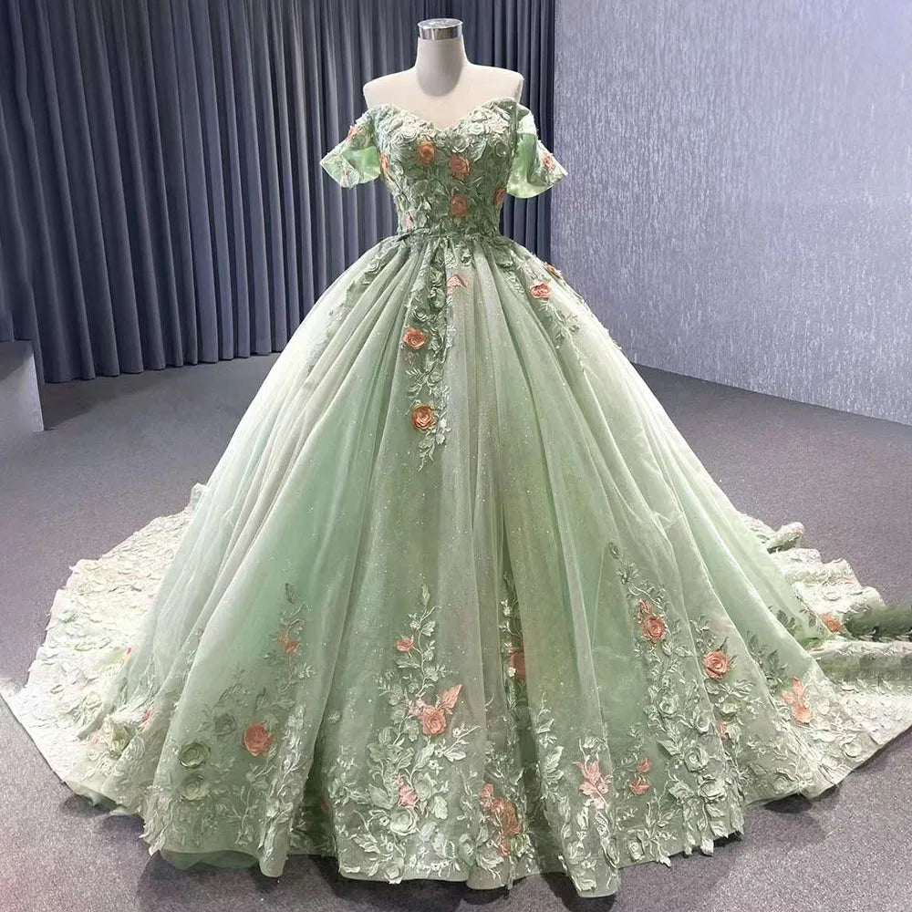 Serene Hill 2024 High End Custom Dubai Sage Green Elegant Boat Neck Wedding Dress Appliques Bridal Gowns HM222240B