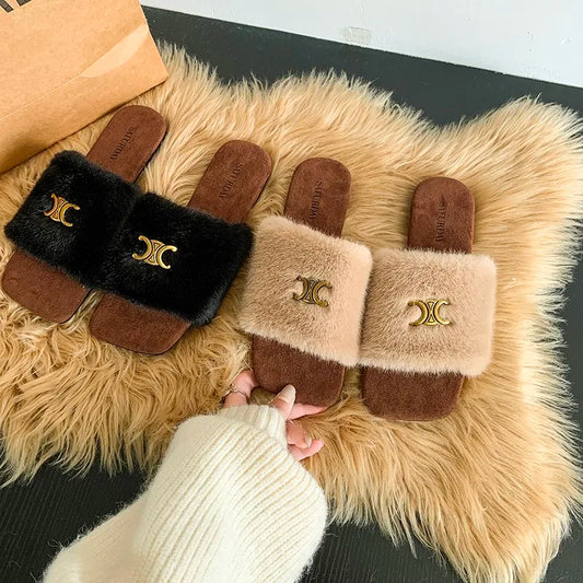 2024 Hot Sale Women's Shoes Open Toe Women's Slippers Warm Casual Slippers Women Square Toe Flat with  Shoes for Women