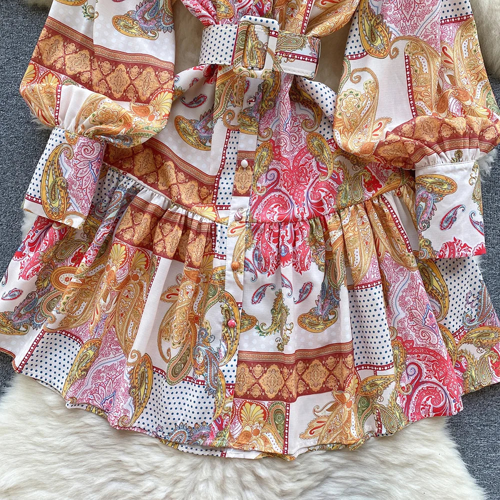 New In Dresses 2024 Spring Vintage Paisley Print Vacation Bohemian Dress Women Stand Collar Long Sleeve Mini Dress With Belt