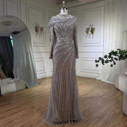 Serene Hill 2024 Muslim Silver Nude Beaded Sparkle Elegant Luxury Mermaid Evening Dresses Gowns for Women Party LA70752H