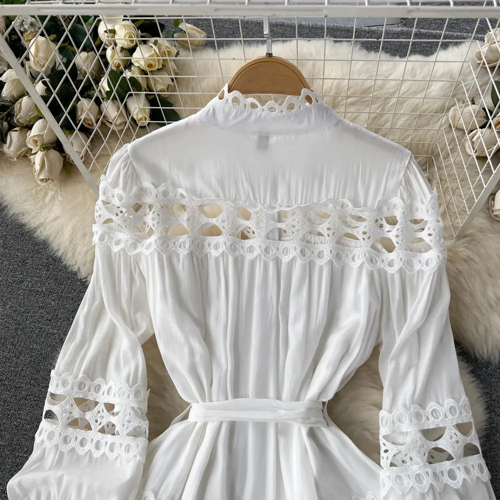 2023 Spring Summer Holiday Dress Women Stand Collar Long Sleeve Button Up Embroidery Trim Luxury Elegant Mini Dress With Belt