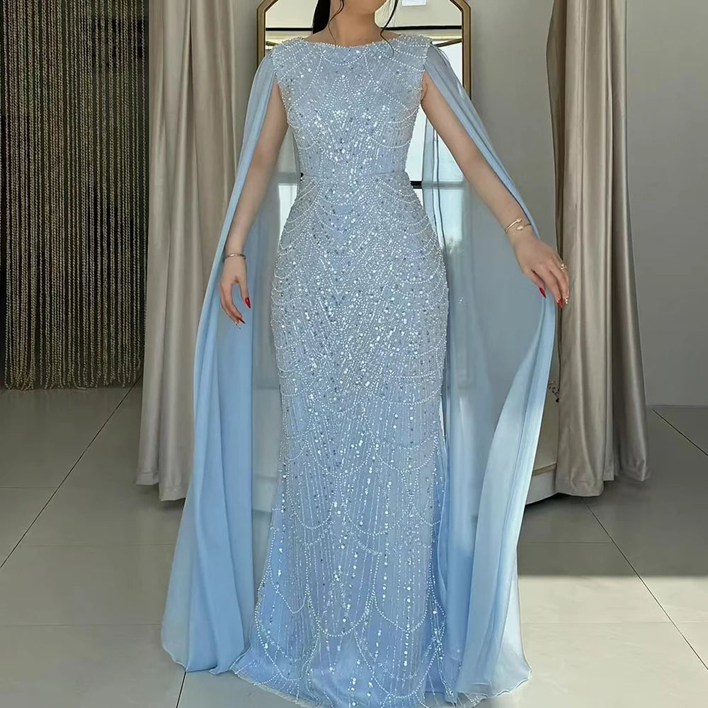 Serene Hill 2024 Saudi Arabia Blue Mermaid Cape Sleeve Luxury Beaded Evening Gown for Formal Occasion LA72160A