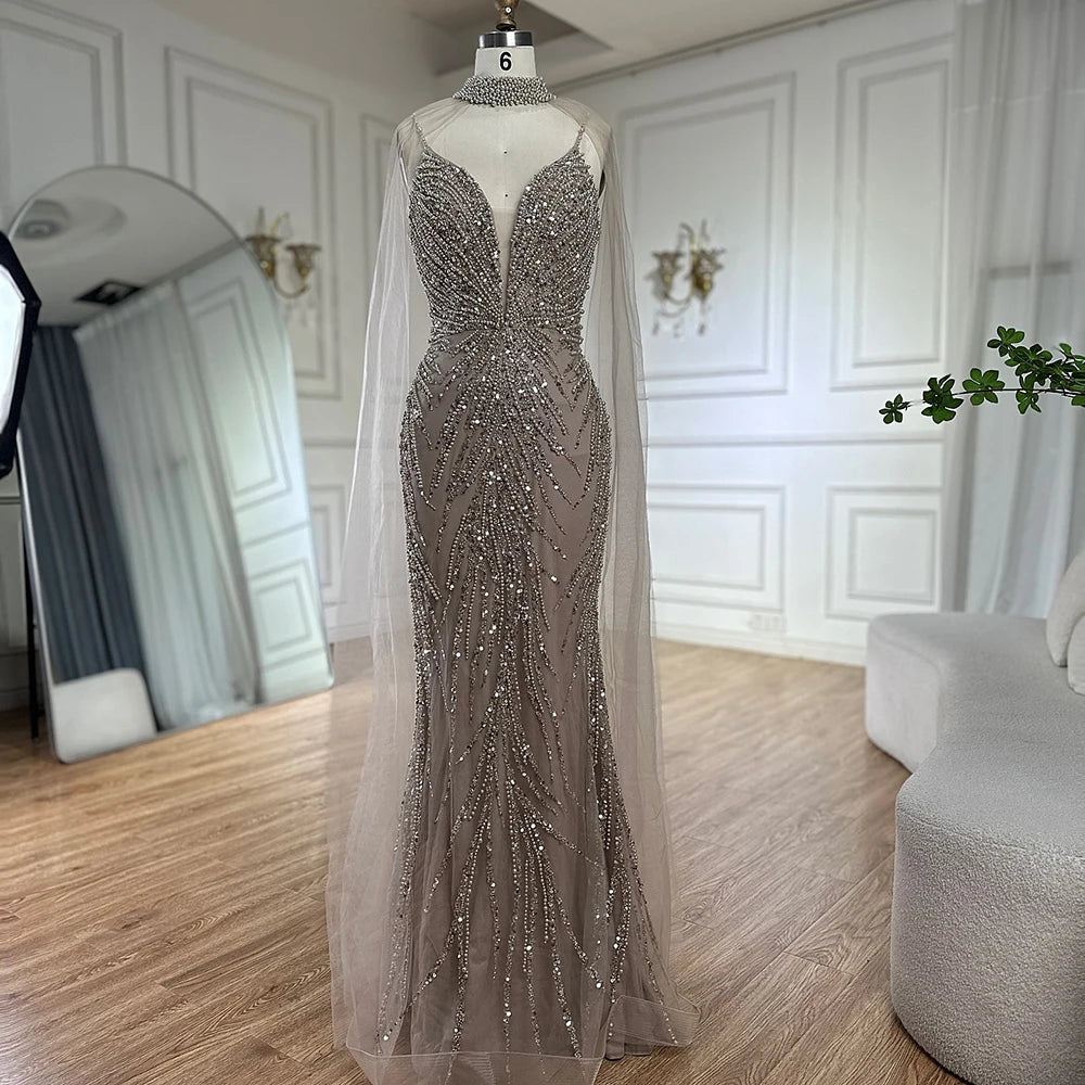 Serene Hill Spaghetti Strap Long Cloak Mermaid Caramel Beaded  Luxury Evening Dresses Gowns for Women's Party 2024 LA72768