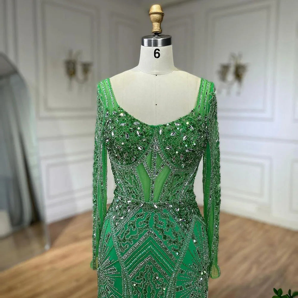 Serene Hill 2024 Women Wedding Parties Dubai Arabia Luxury Beaded Evening Dresses Gowns Green Elegant Split Mermaid LA72518