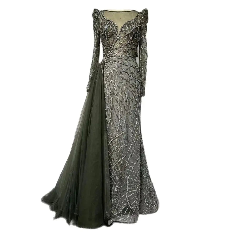 Serene Hill Muslim Gold Mermaid Beaded Luxury Dubai Evening Dresses Gowns With Overskirt 2024 For Women Party LA72206