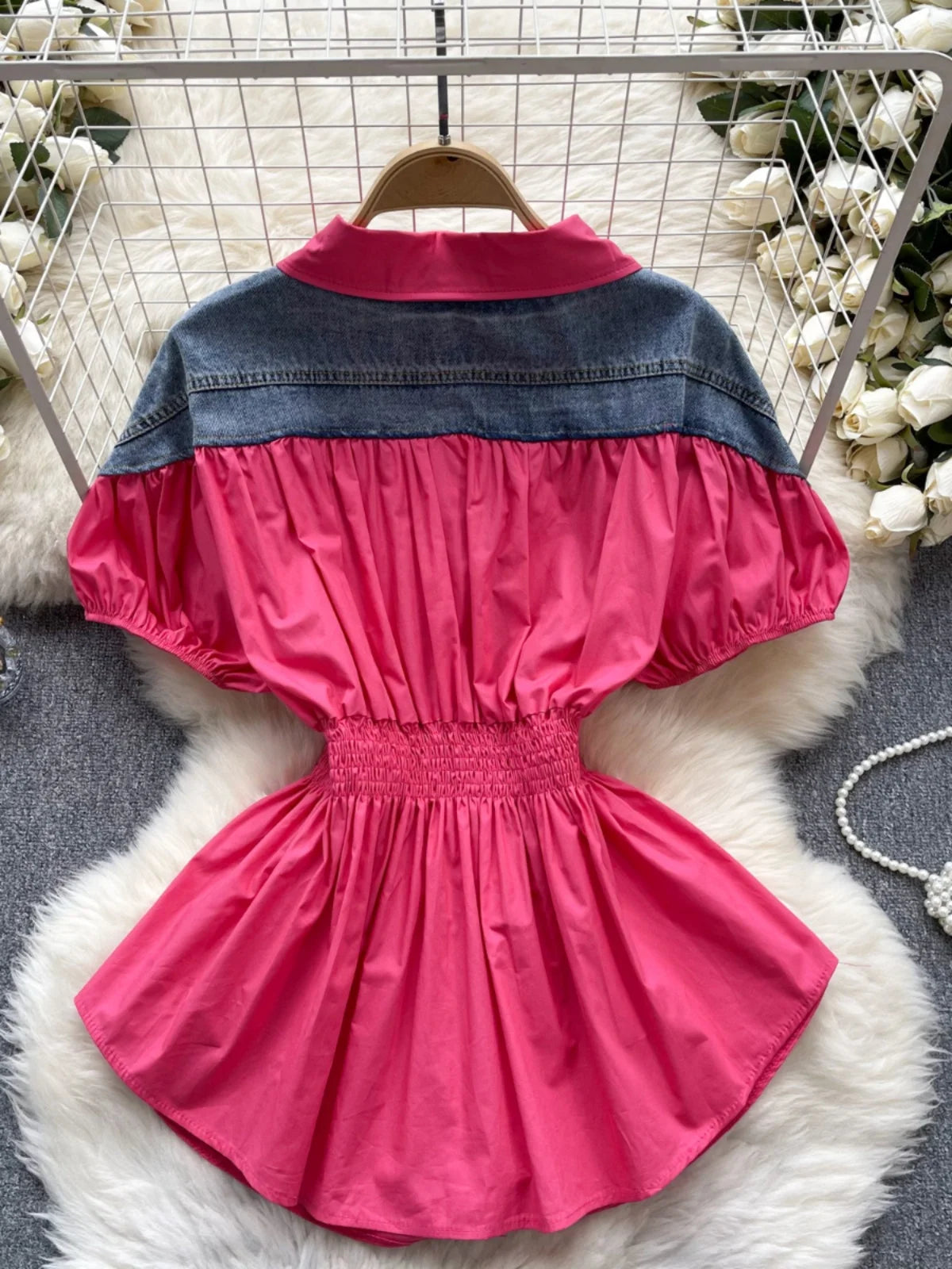 KUSAHIKI Korean Women Fashion Hit Color Patchwork Puff Sleeve Stretch Slim Waist Versatile Shirt Top 2024 Sprign Summer Blouses