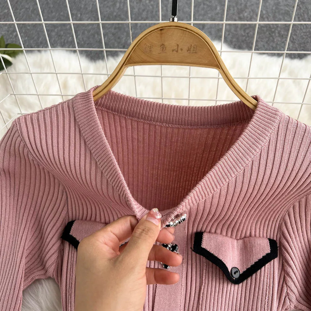 Women Elegant Chic Long Sleeve Sexy Slim Bodycon Dress Vintage Korean Fashion Knit Tight Vestido Autumn Winter Sweater Robe