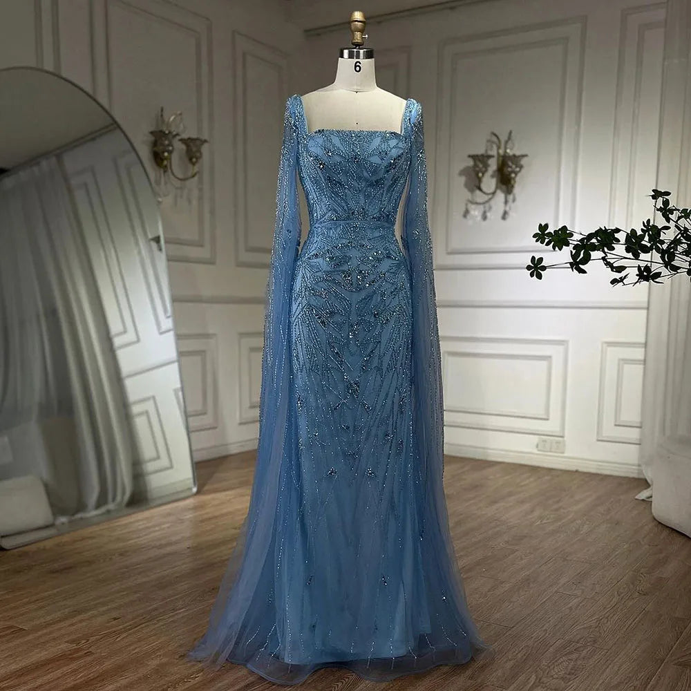 Serene Hill Arabic Pink Cape Sleeves Mermaid Dubai Evening Dresses Beaded Luxury Wedding Party Gowns For Women 2024 LA72261
