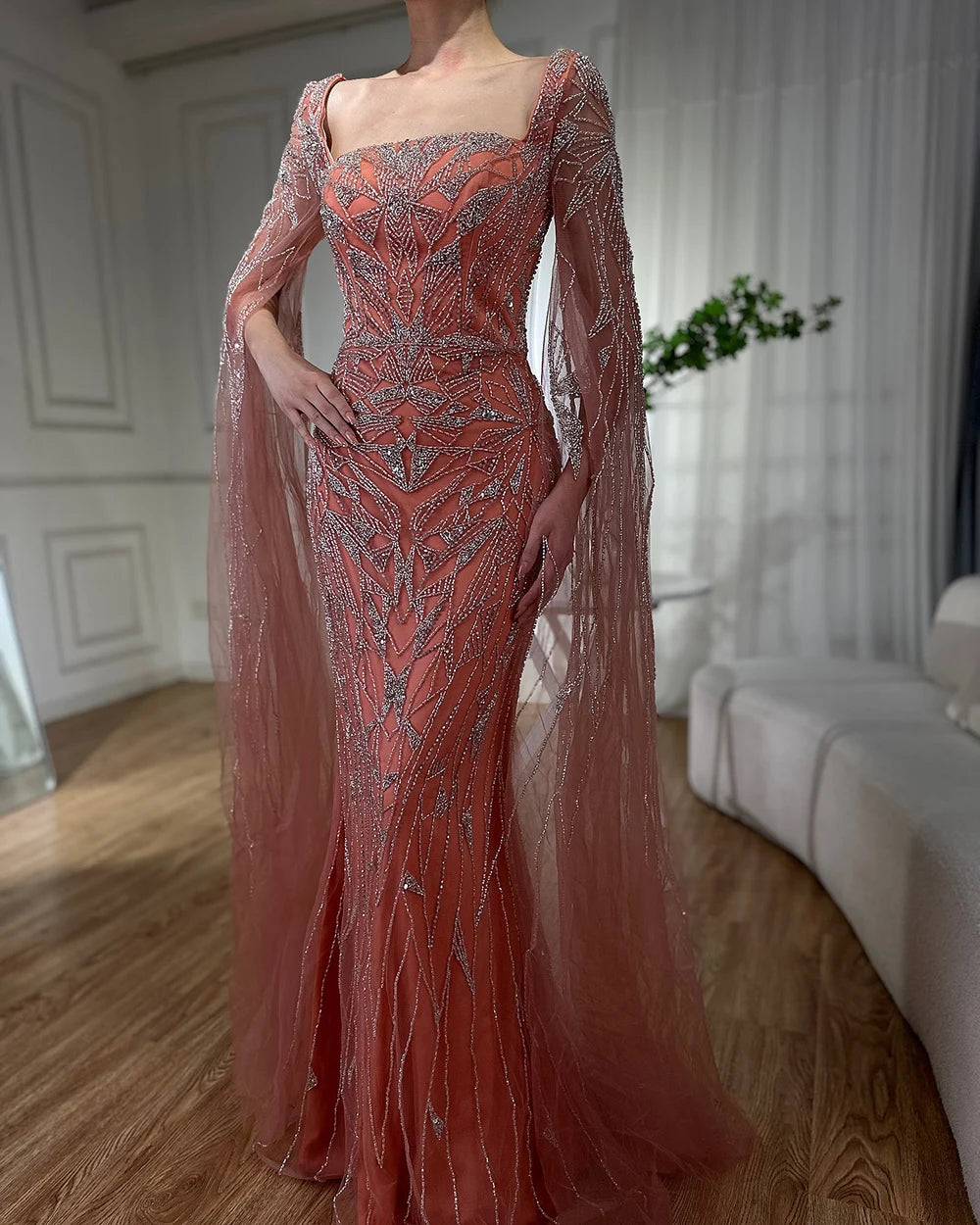 Serene Hill Arabic Pink Cape Sleeves Mermaid Dubai Evening Dresses Beaded Luxury Wedding Party Gowns For Women 2024 LA72261