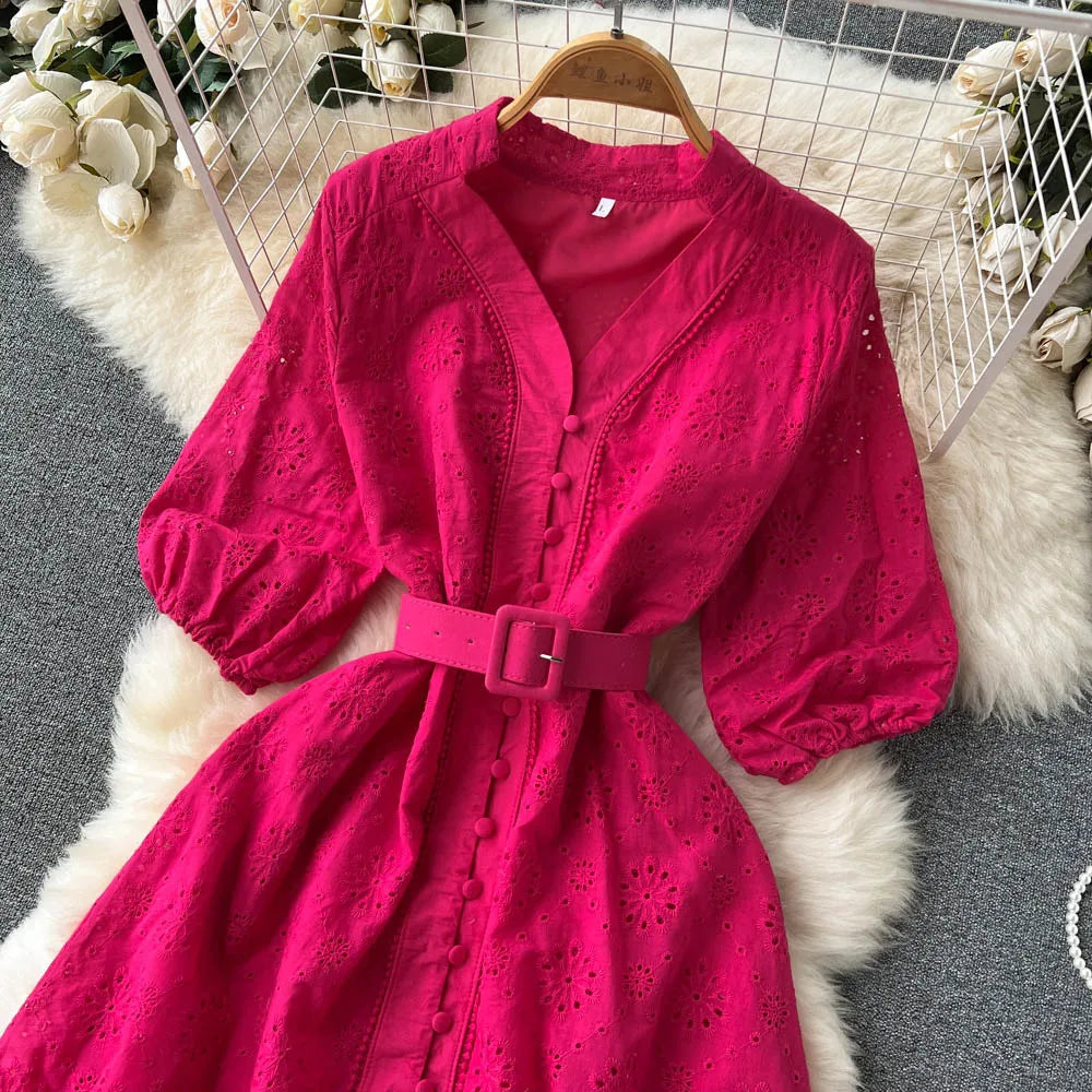 Summer V-neck Hollow Out Dress Women Bubble Sleeves Loose Embroidered Ruffle Edge Long Dresses Ladies Elegant Casual Long Robe
