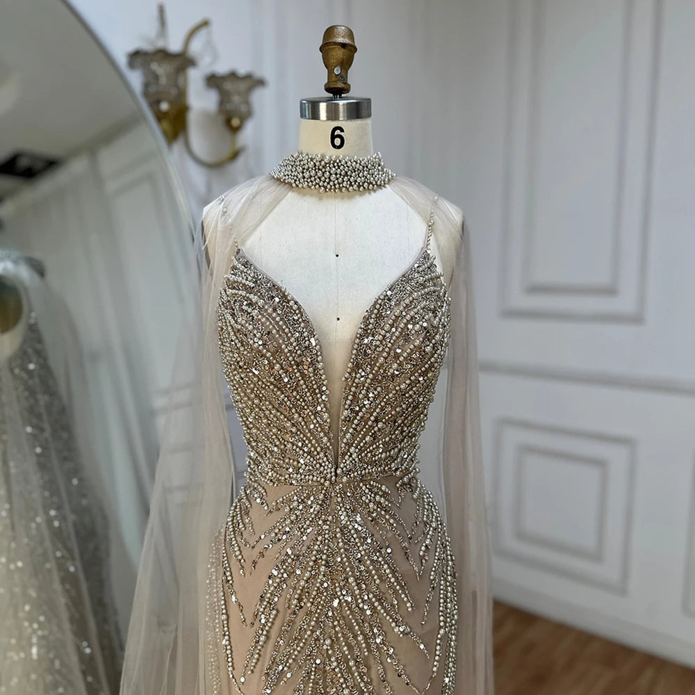 Serene Hill Spaghetti Strap Long Cloak Mermaid Caramel Beaded  Luxury Evening Dresses Gowns for Women's Party 2024 LA72768