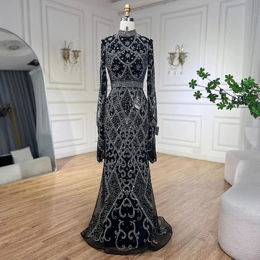 Serene Hill Muslim Grey Mermaid Elegant Nude Cape Sleeve Beaded Luxury Dubai Long Evening Dress 2024 Women's Party LA72316