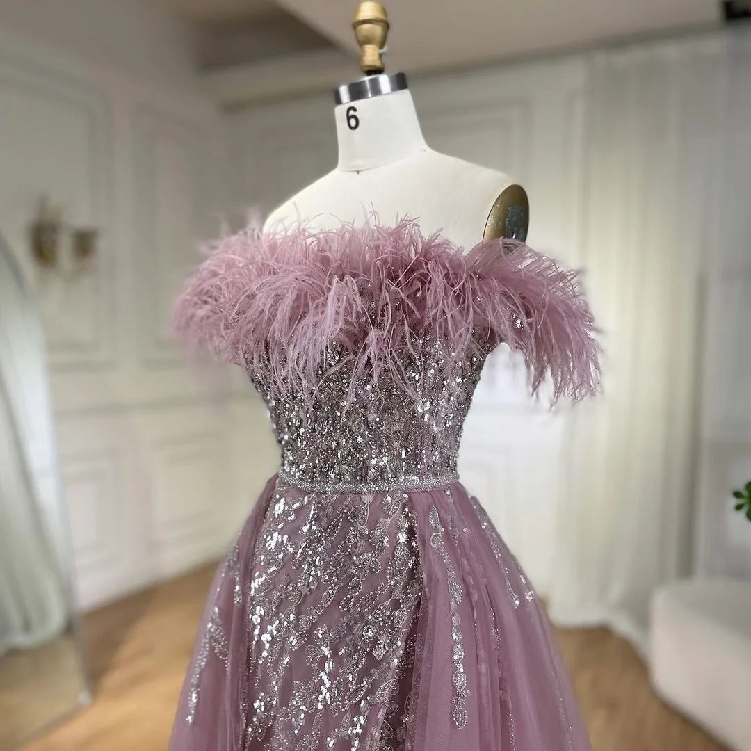 SERENE HILL 2024 Blue Feather Mermaid Luxury Beaded Evening Dresses Overskirt Formal Pink Gowns For Women Wedding Party GLA72061
