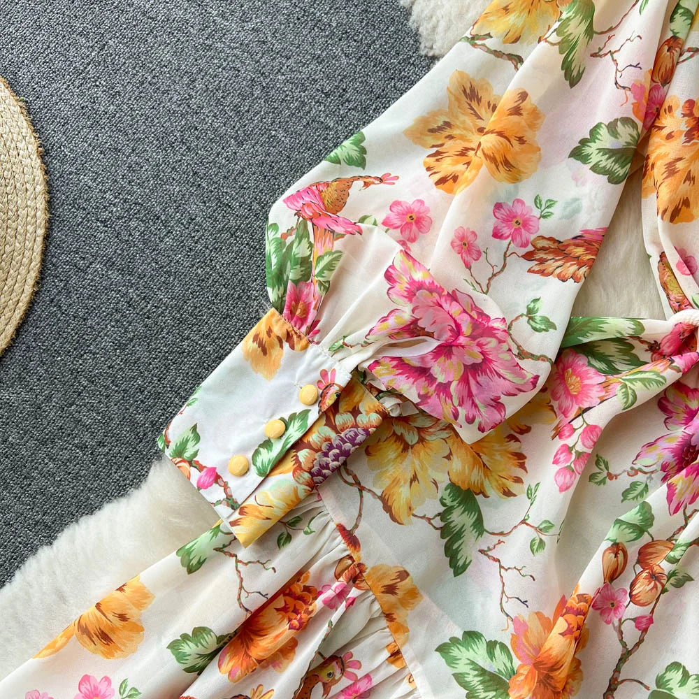 Spring Vacation Dresses For Women Long Sleeve Vintage Floral Print Dress Stand Collar Ruffle Hem Chiffon Mini Dress Tie Belt