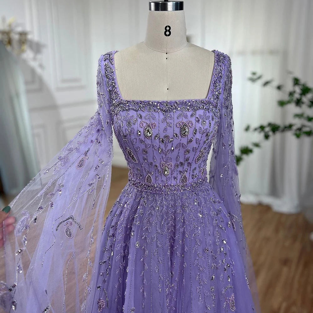 Serene Hill 2024 Muslim Pink A Line Beaded Elegant Cape Sleeve Luxury Evening Dresses Gowns For Women Wedding Party LA71803A