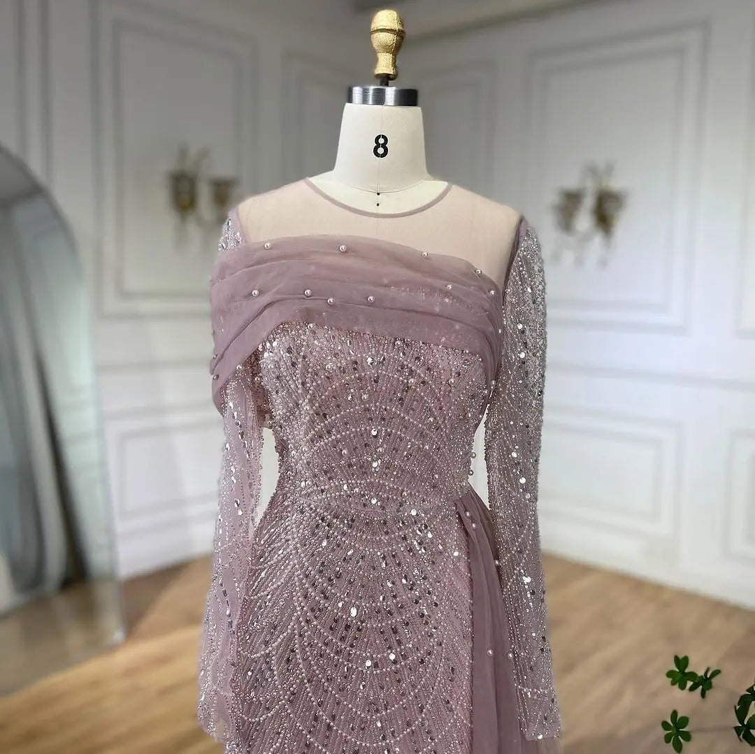 SERENE HILL 2024 Dubai Arabic Nude Mermaid Luxury Beaded Evening Dresses Gowns With Overskirt For Women Wedding Party GLA72254A