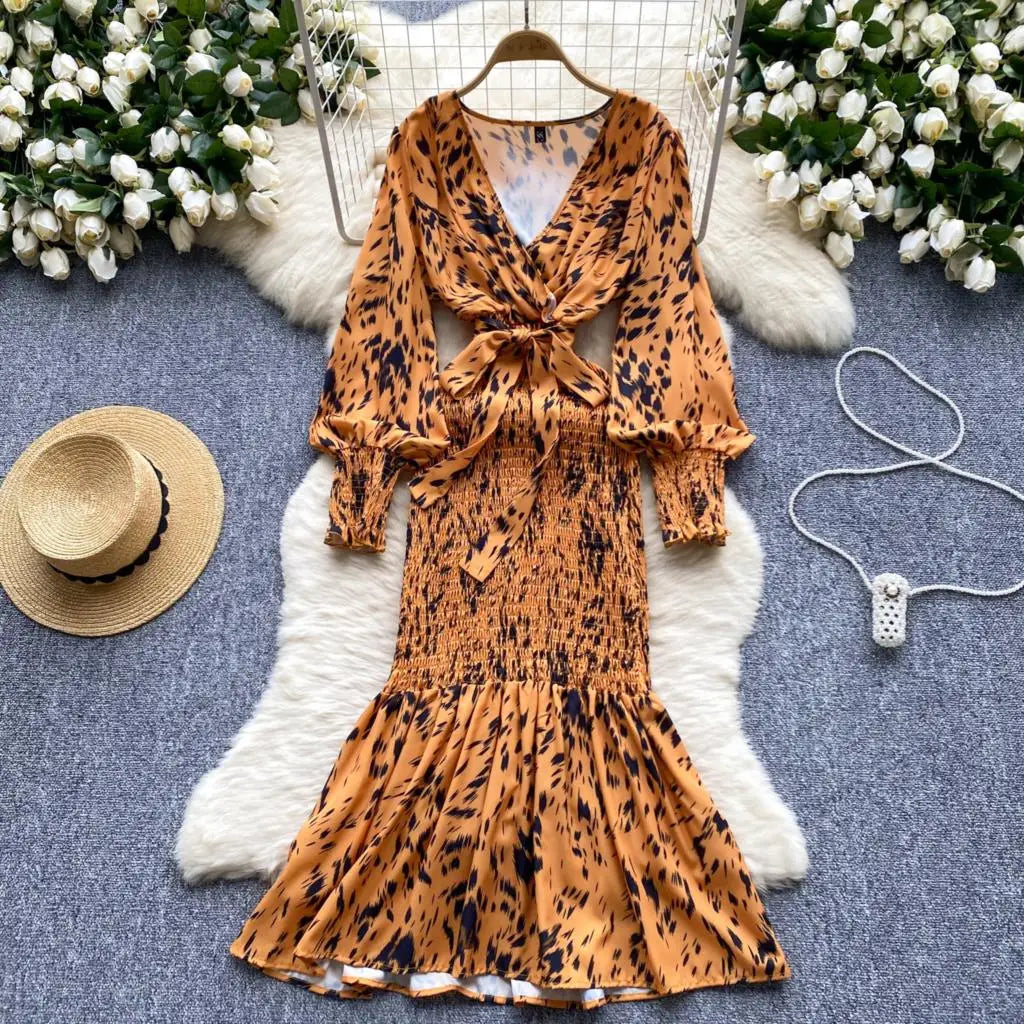 Women Casual Vintage Print Ruffle Long Dress Autumn Elegant V Neck Lantern Sleeve Party Mermaid Dresses Holiday Female Mujer New