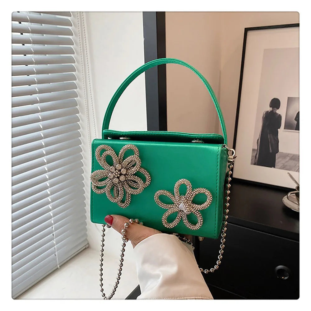 Light Luxury High-Grade Women Chain Crossbody Bag Korean Design Sense Diamond Flower New Pop Handbag Fashion Box Mini Square Bag
