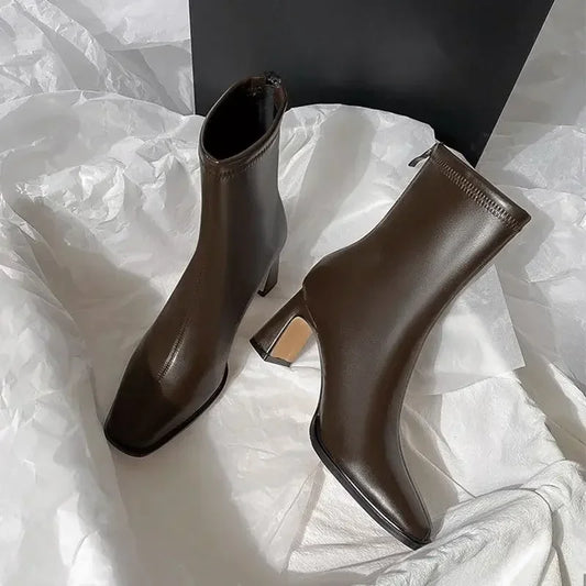 Brown Short Boots Women High Heel Autumn/winter New Style Thick Heel French Style Ankle Boots Zipper Square Versatile Slimming