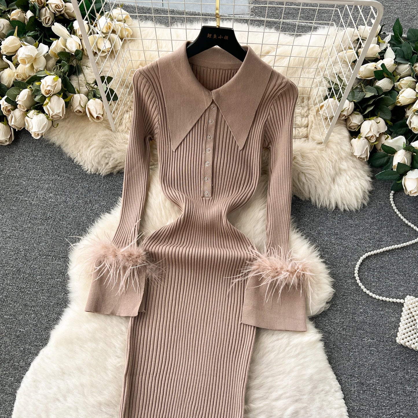 Elegant Turn-down Collar Feather Long Sleeve Knit Bodycon Pencil Dress Slim Fashion Sweater Vestido Sexy Women Winter Clothing