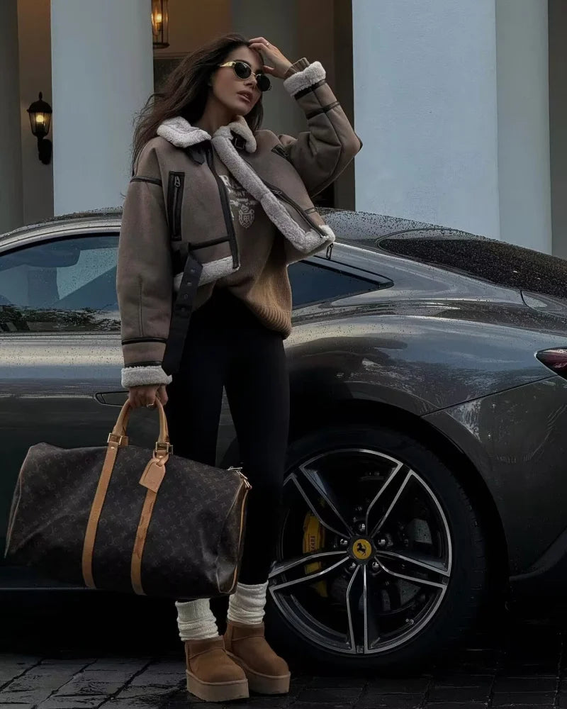 2024 TRAF New synthetic sheepskin women's Coat Thickened thermal bomber Jacket Y2K lapel vintage winter fashion