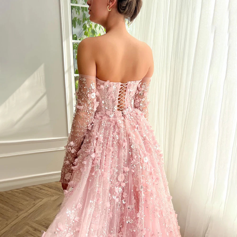 Serene Hill 2024 Pink Strapless Back Lace-Up Mermaid Evening Gown with Overskirt and Appliques for Women | Wedding Party LA72641