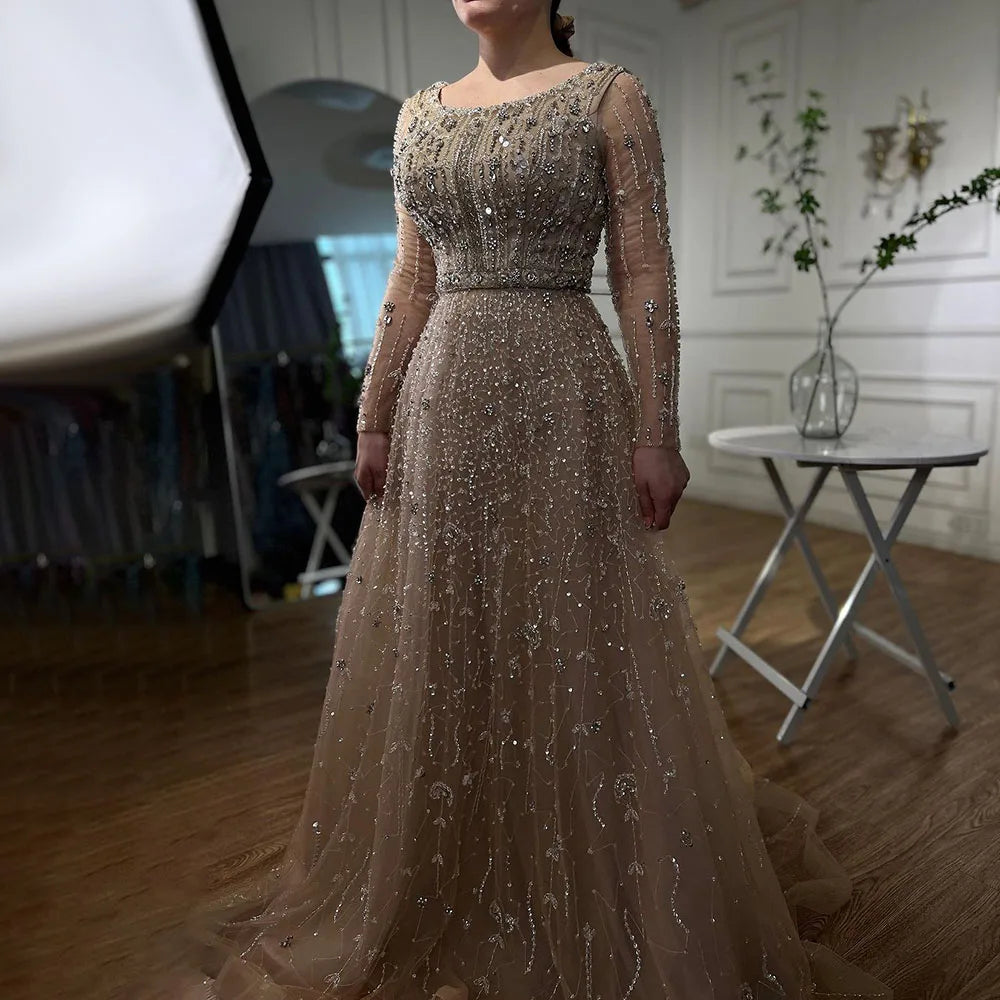 Dubai Arabic Designer Luxury Nude A Line Beaded Evening Dresses Gowns For Women Wedding Party 2023 BLA72088 Serene Hill