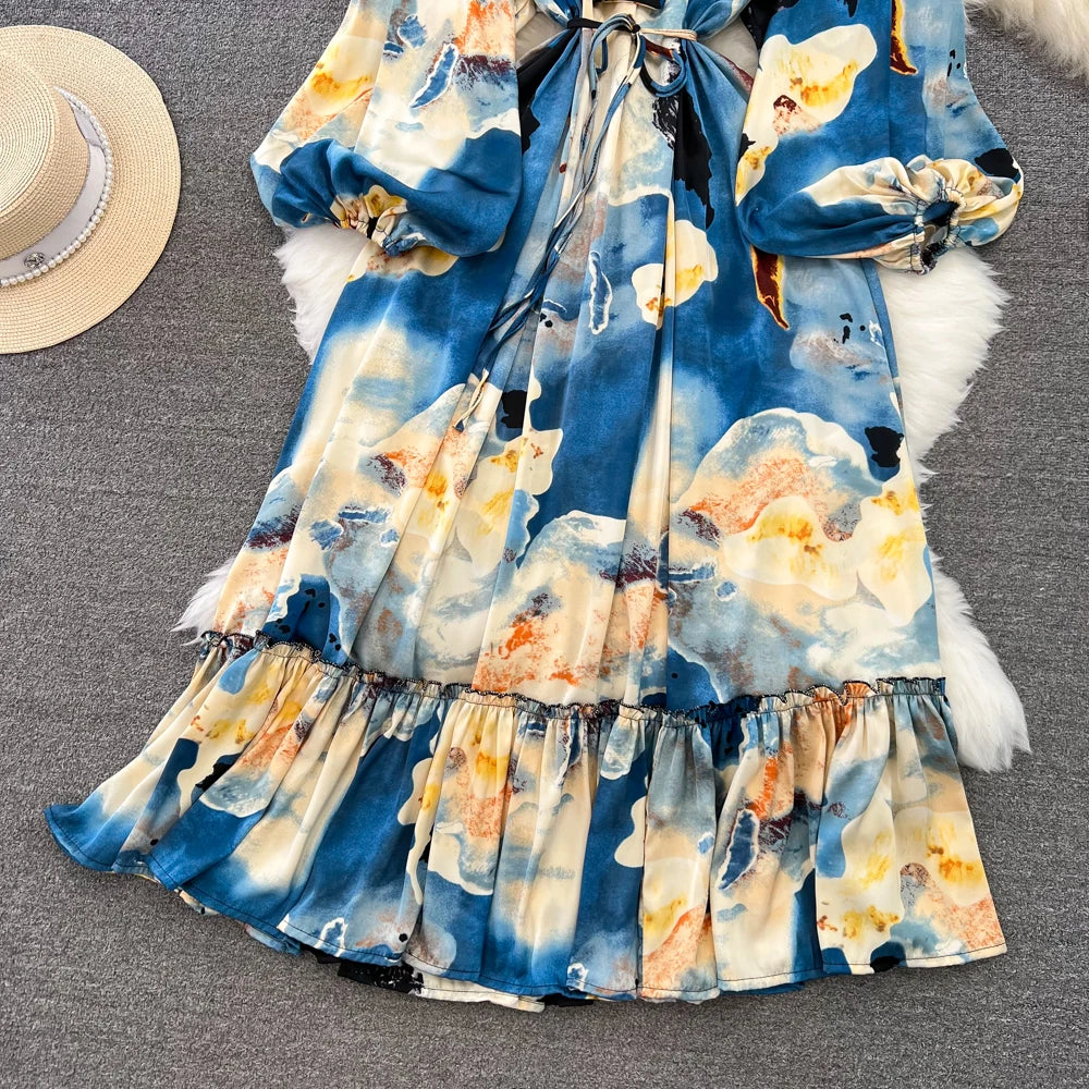 Elegant Casual A-Line Vintage Ruffle Print Long Dress Autumn Lantern Sleeve Party Boho Dresses Beach Holiday Female Vestidos