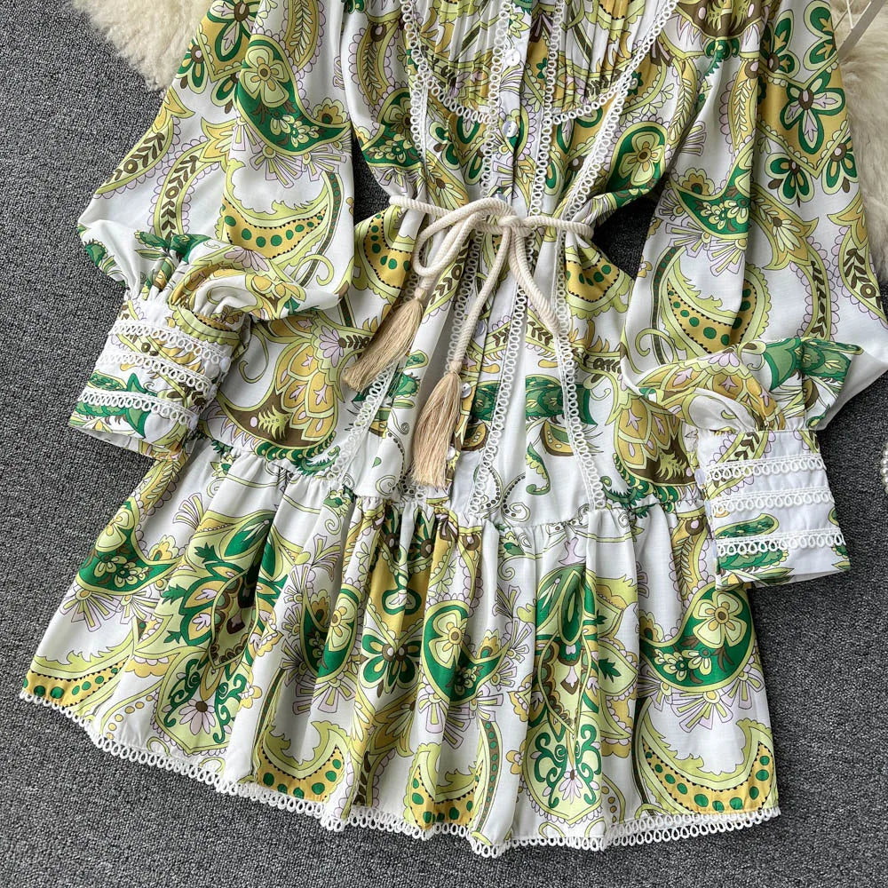 New In Dresses Lace Trim Elegant Vintage Floral Print Dress Women Stand Collar Long Sleeve Buttoned Holiday Mini Dress With Belt