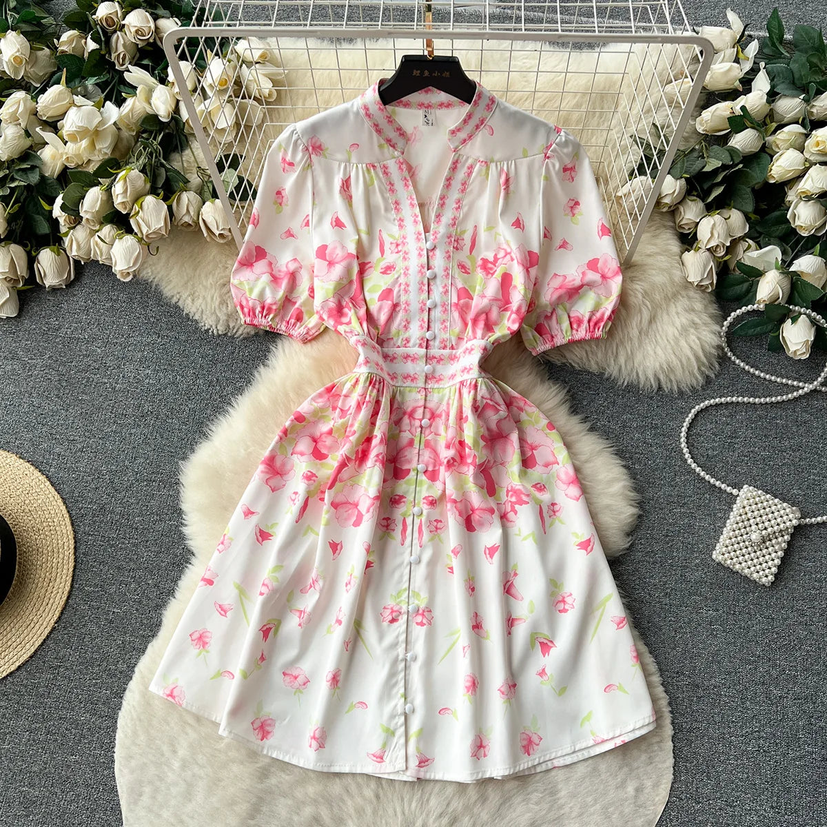 Summer Clothes Holiday Dresses Women 2023 Elegant Fashion Vintage Flower Print Dress Short Sleeve Button Up A Line Mini Dress