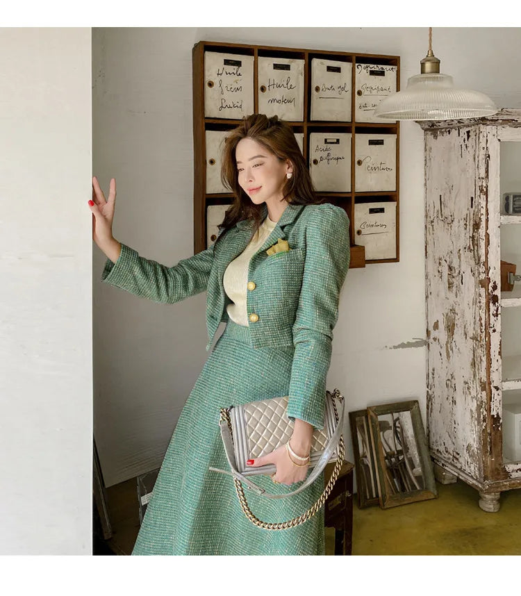 Elegant Temperament Two-Piece Set Tweed for Women Short Blazer Jacket +High Waist Swing Skirt Suits Green Korean Outfits