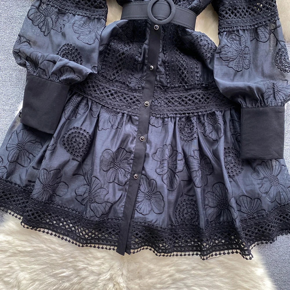 Spring Dresses 2024 Crochet Trim Cutwork Embroidery Mini Holiday Dress Women Stand Collar Long Sleeve Elegant Party Dresses