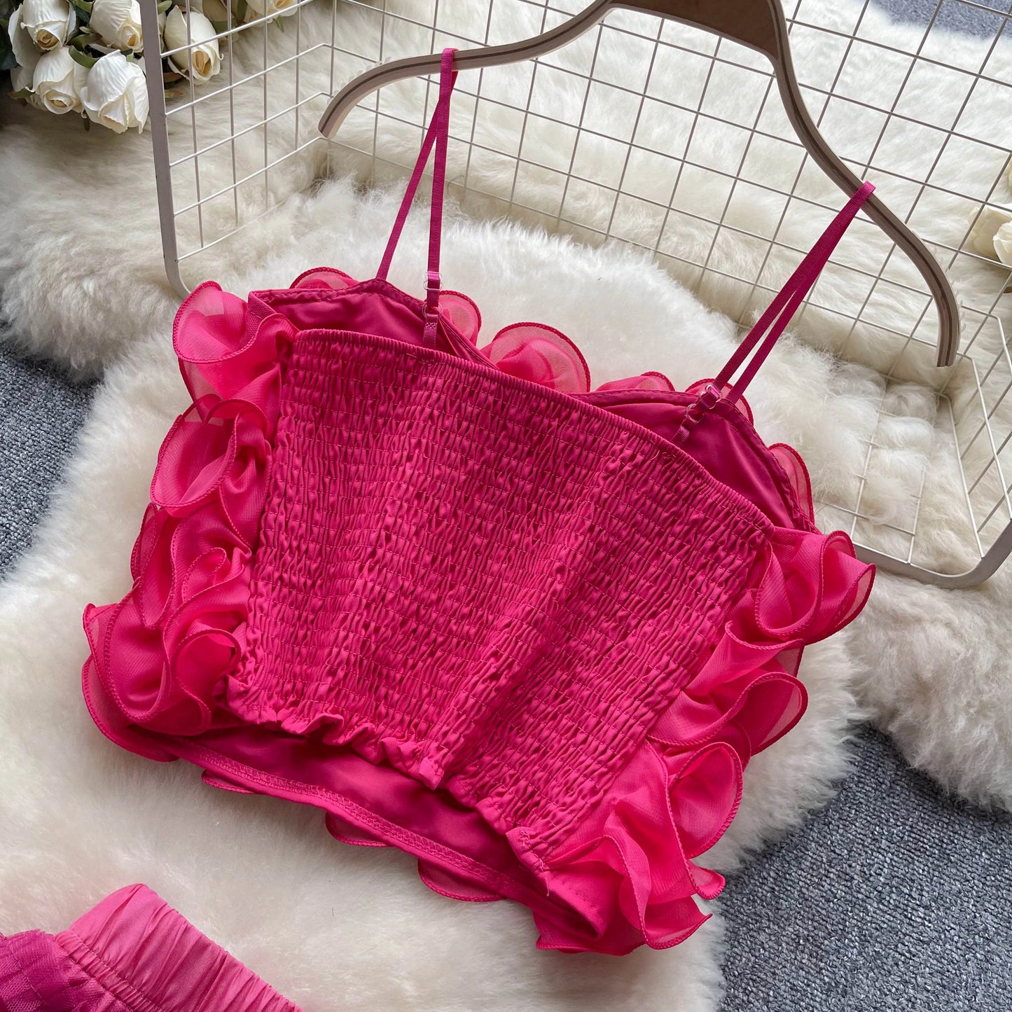 New Women Two Piece Set Summer Three-dimensional Flower Mesh Vest Tank Tops+mesh Long Skirts Fashion Korean Outfits
