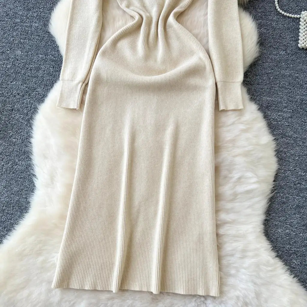 Elegant Solid Knitted Dress for Women Autumn French Vintage O-Neck Long Sleeve Fashion Evening Party Sweater Slim Midi Dresses