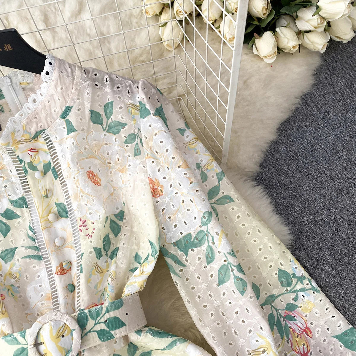 Elegant Party Dresses Woman Lace Trim Cutwork Embroidery Vintage Floral Print Dress 2023 New In Long Sleeve Mini Dress With Belt