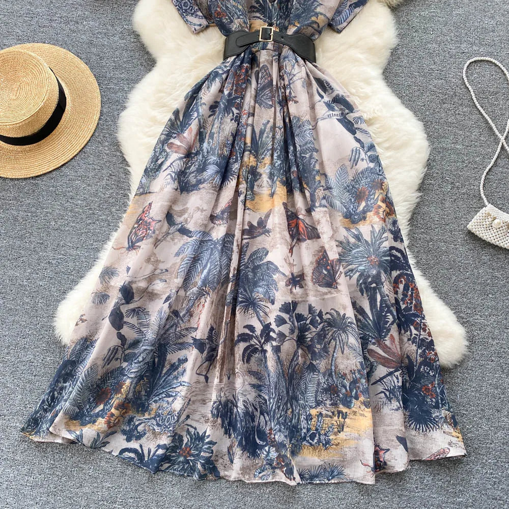 2022 Women Vintage Party Dress Summer French Elegant Print Dress Ladies High Waist Retro Single Breasted Belt Casual Long Dress