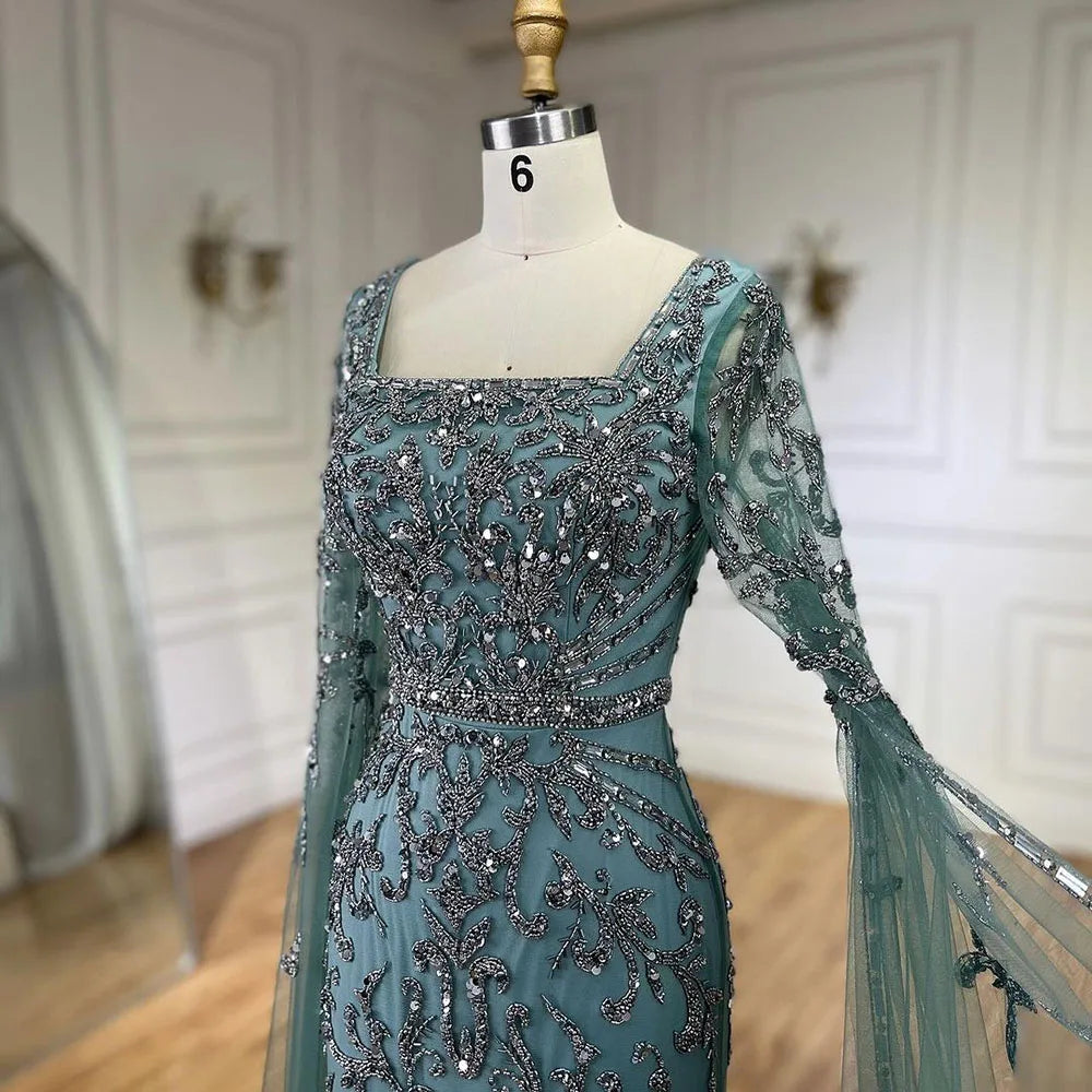 Serene Hill 2024 turquoise with Beaded Cape Sleeves Design Mermaid Long Evening Dresses Gowns for Women's Wedding Party BLA72400