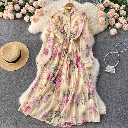 Retro Floral Print Pleated Elegant Chiffon Maxi Dress A-line Fashion Beach Vacation Party Dress Women Summer Spring Vestidos