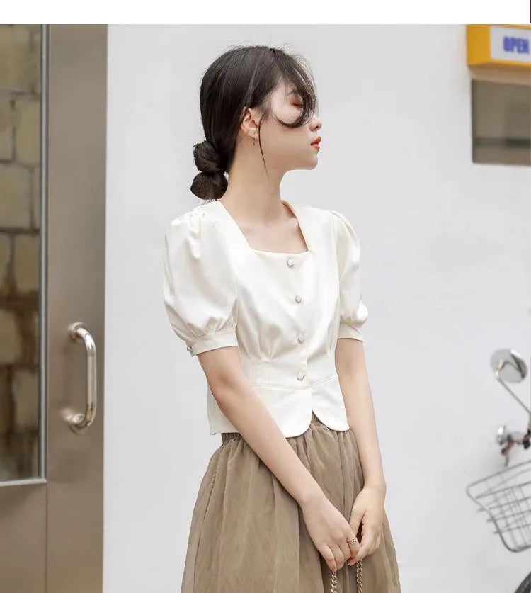 Temperament Short Bubble Sleeve Shirt for Women French Square Neck Elegant Design Office Lady Shirts Summer New Cropped Tops