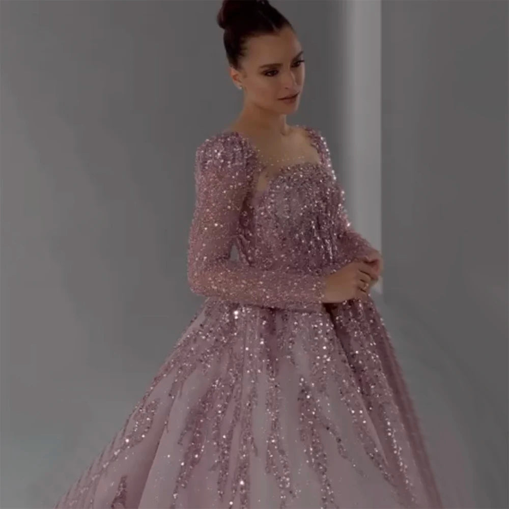 Serene Hill Muslim Pink A Line Beaded Luxury Dubai Long Evening Dresses Gowns 2024  For Woman Wedding Party LA71915