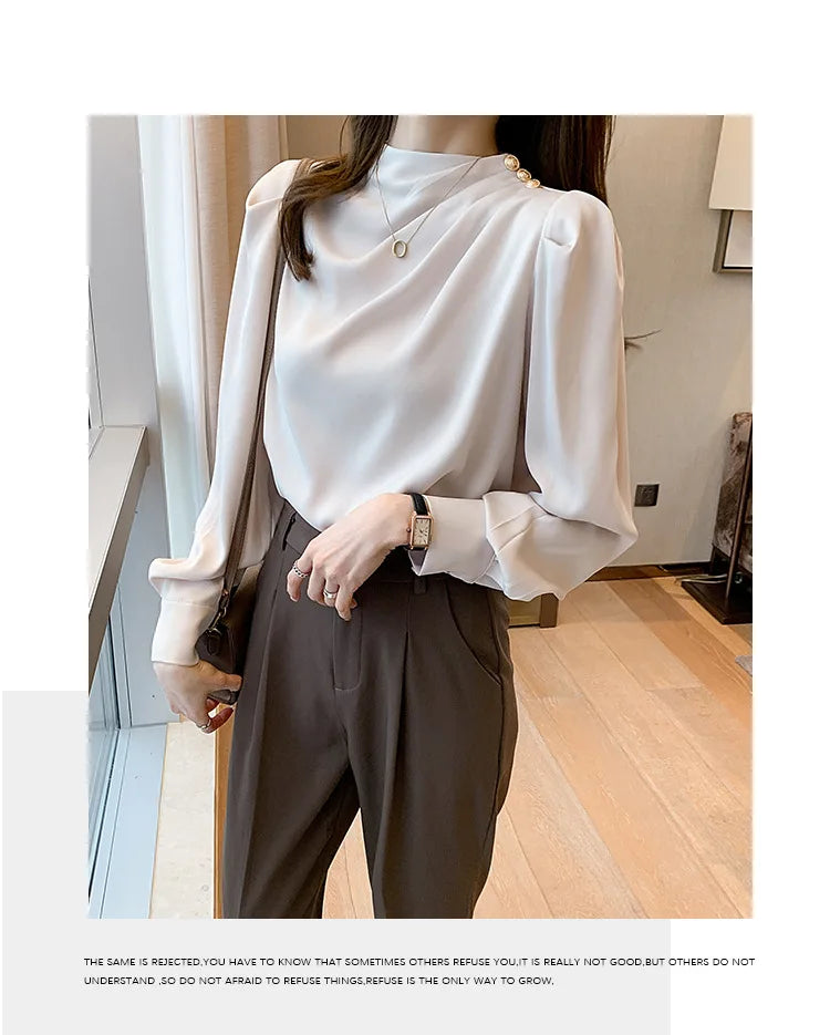 Autumn New Women's Style Stand up Collar Pleated Long Sleeve Top Fashion Lantern Sleeve Loose Elegant Solid Color Shirt Blouse