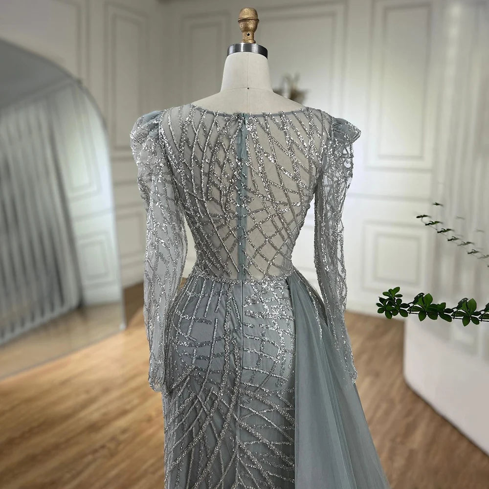 Serene Hill Muslim Gold Mermaid Beaded Luxury Dubai Evening Dresses Gowns With Overskirt 2024 For Women Party LA72206