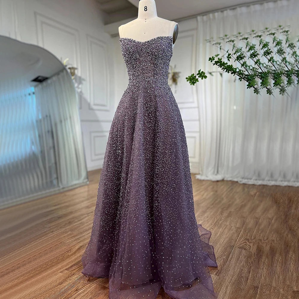 Serene Hill Arabic Luxury Purple A-Line Elegant Strapless Beaded Evening Dresses Long for Woman Wedding Party LA72147